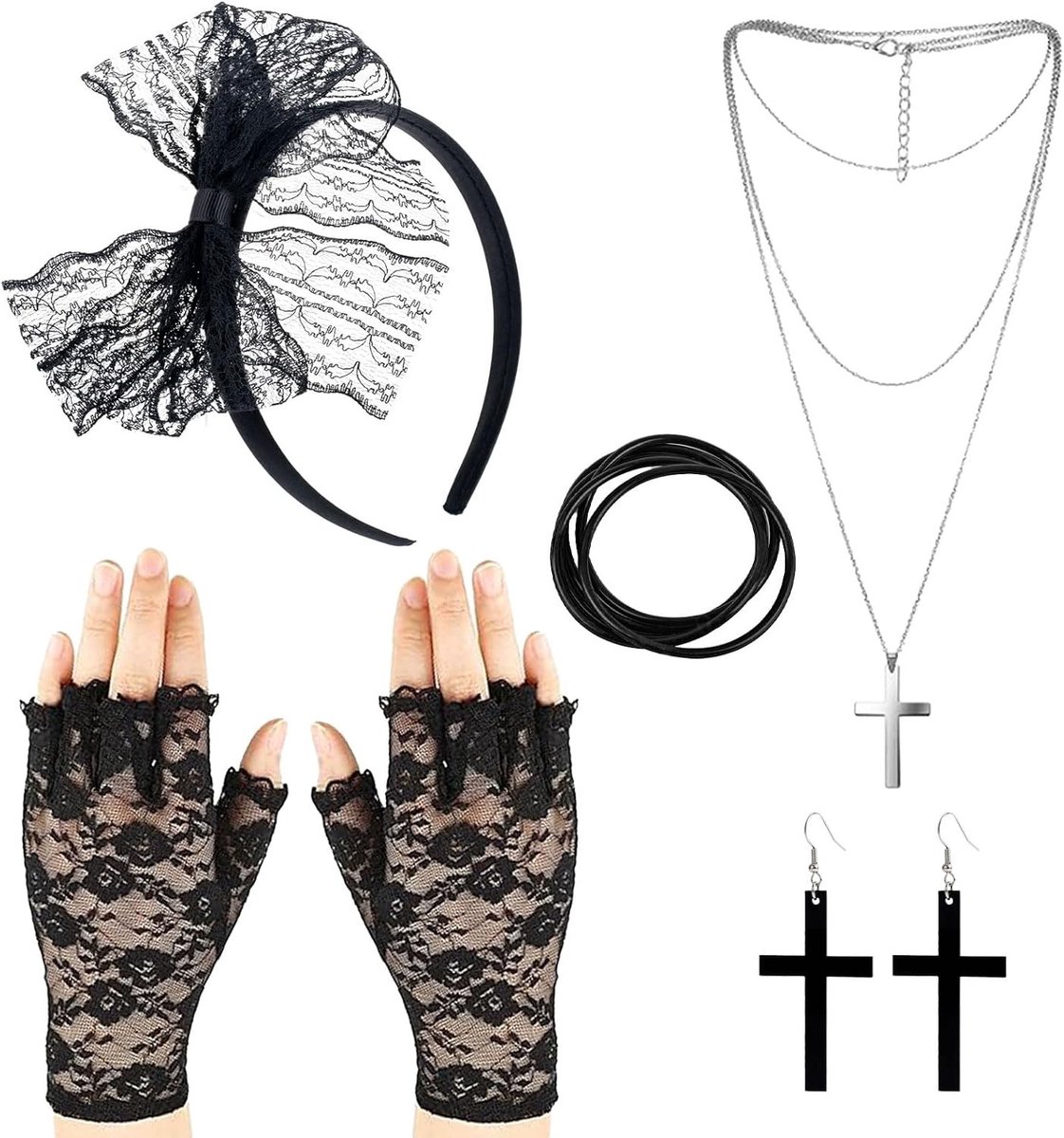 Vijfdelige jaren '80 kostuumaccessoires set met oorbellen, nethandschoenen, ketting en armband voor feesten en thema-avonden voor vrouwen en meisjes