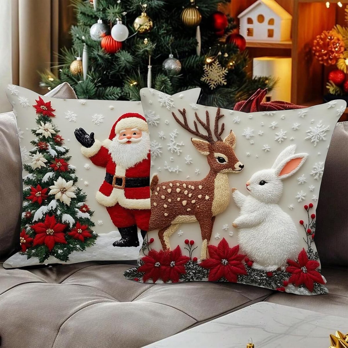Kerstdecoratie Kussenset 45 x 45 cm met Kerstman, Konijnen en Herten voor de Sofa, Perfect voor de Feestdagen