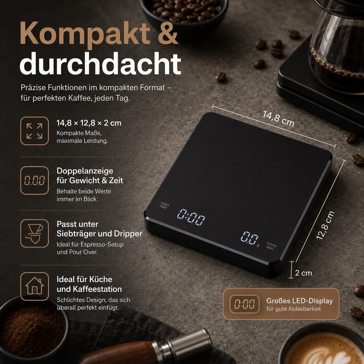 Koffieweegschaal met Timer – Precisiekeukenweegschaal met Nauwkeurigheid van 0,1 g – USB-C Oplaadbaar, Snelle Respons, Hittebestendig – Digitale Weegschaal voor Koffie en Keuken