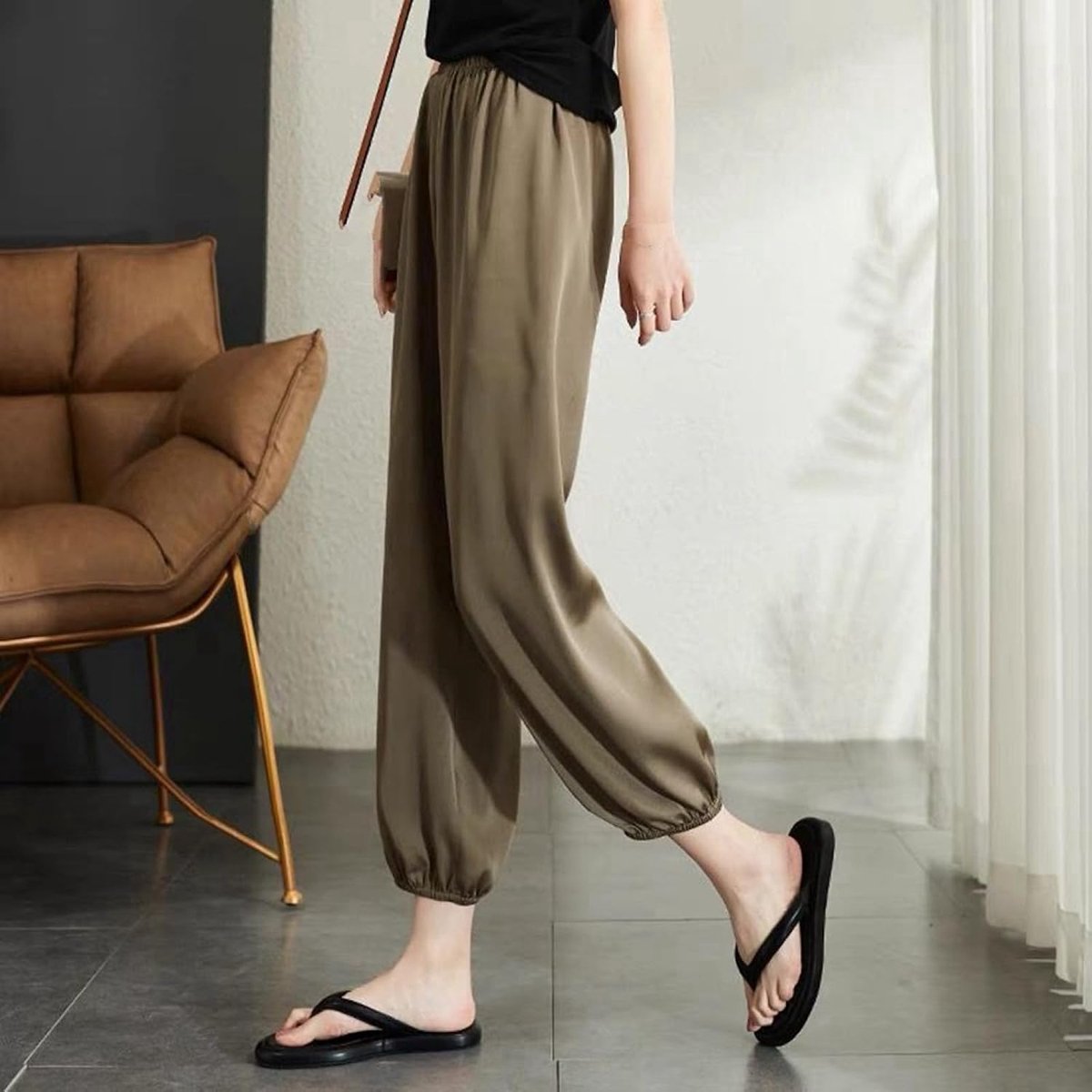 Wijde Pijpen Broek - Zomer Dames Dunne Bloeiers Elastische Hoge Taille Mode Zwarte Broek Met Losse Pijpen Elegante Dames Satijnen Broek Met Rechte Pijpen Casual Outdoor Broek,S
