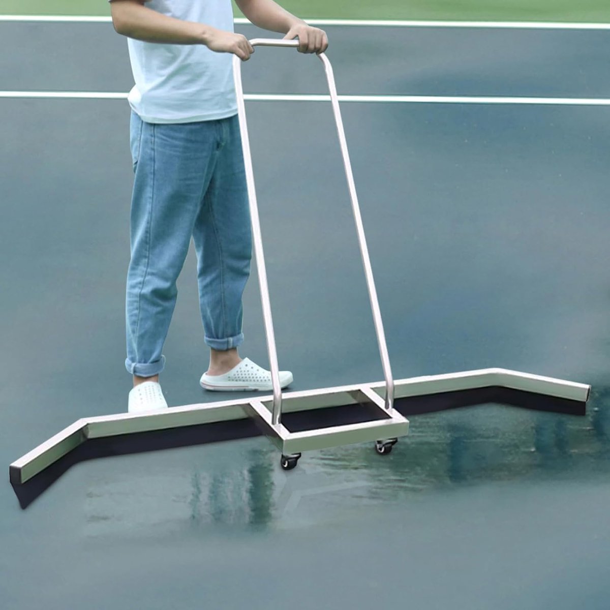 Sporttennisbaanrakel, professionele rakel met 2 universele wielen, heavy duty waterschuiver van roestvrij staal en EVA-rubber, afneembaar, voor tennisvelden, winkelcentra, bibliotheken