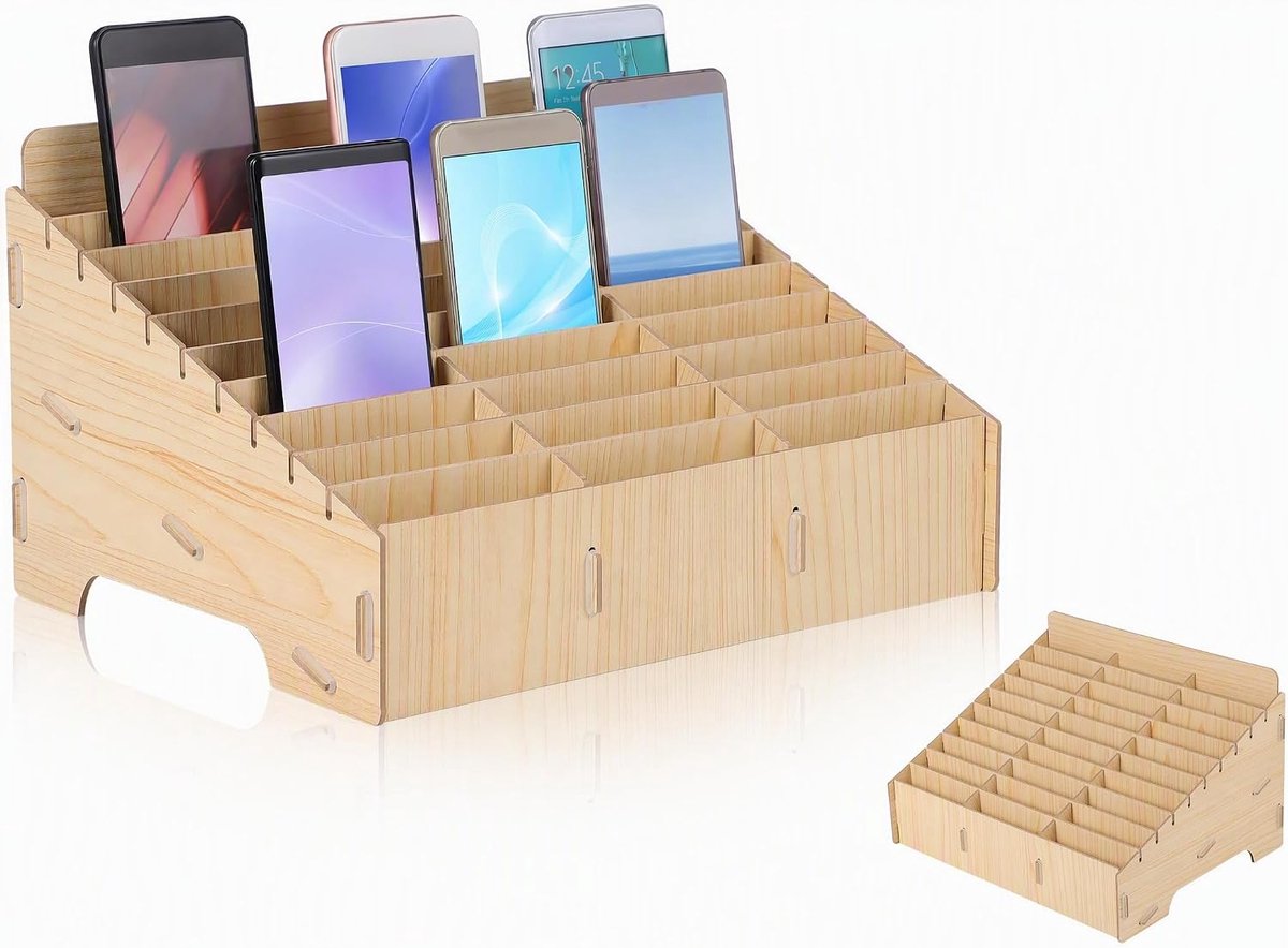 Houten tafel-organizers met 30 rasters, mobiele telefoonhouder, klaslokaal, mobiele telefoon, desktop-organizer voor klaslokalen, kantoor, vergaderruimte, telefoondisplay
