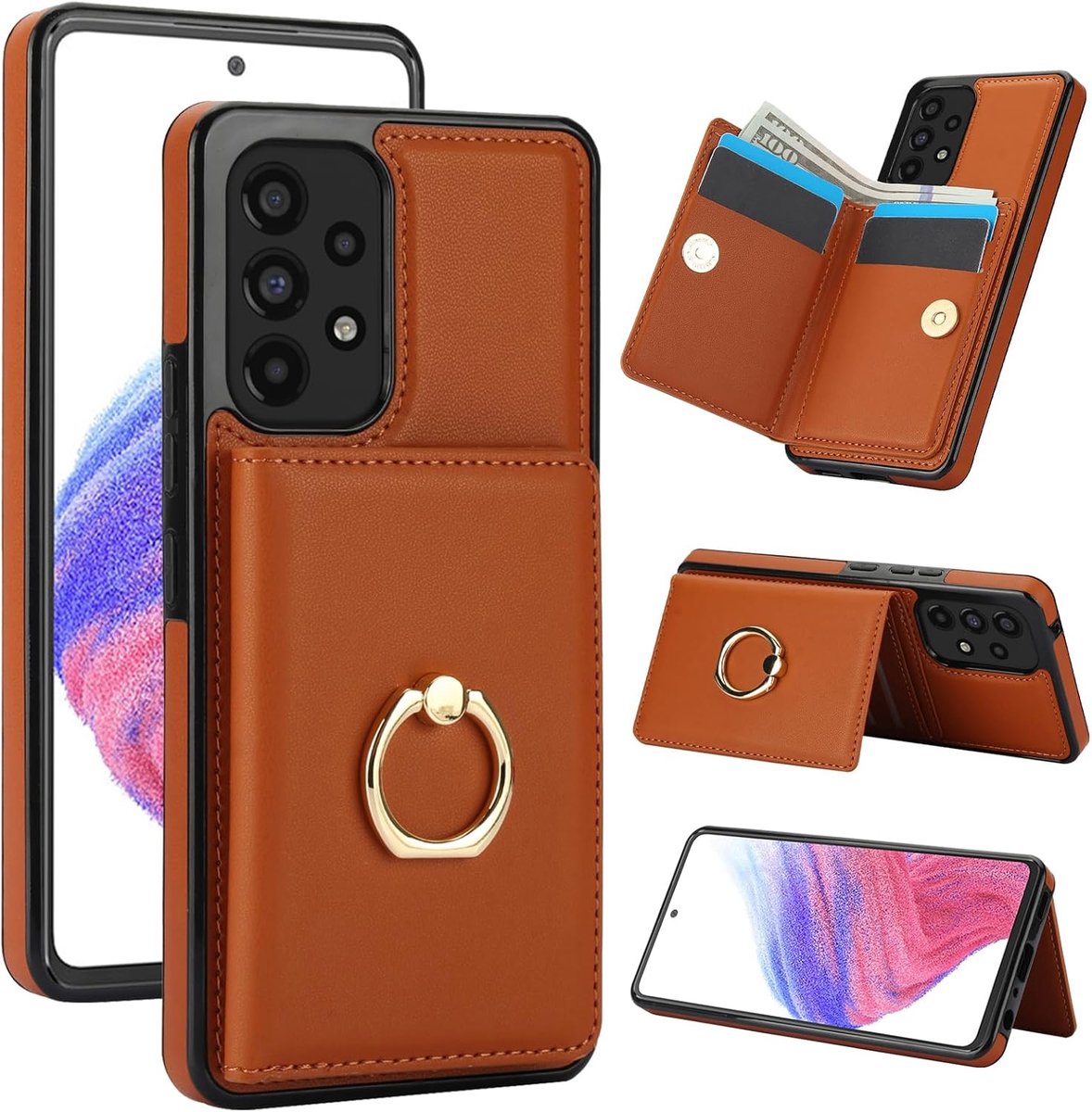 Telefoonhoes voor Samsung Galaxy A53 5G / 4G [RFID-bescherming] PU-leren klepportemonnee met 360° draaibare ringhouder standaard beschermhoes [kaartvak] telefoonhoes case cover - Bruin
