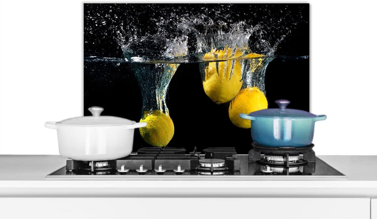 Spatscherm Keuken - 70x50 cm - Citroen - Fruit - Stilleven - Water - Geel