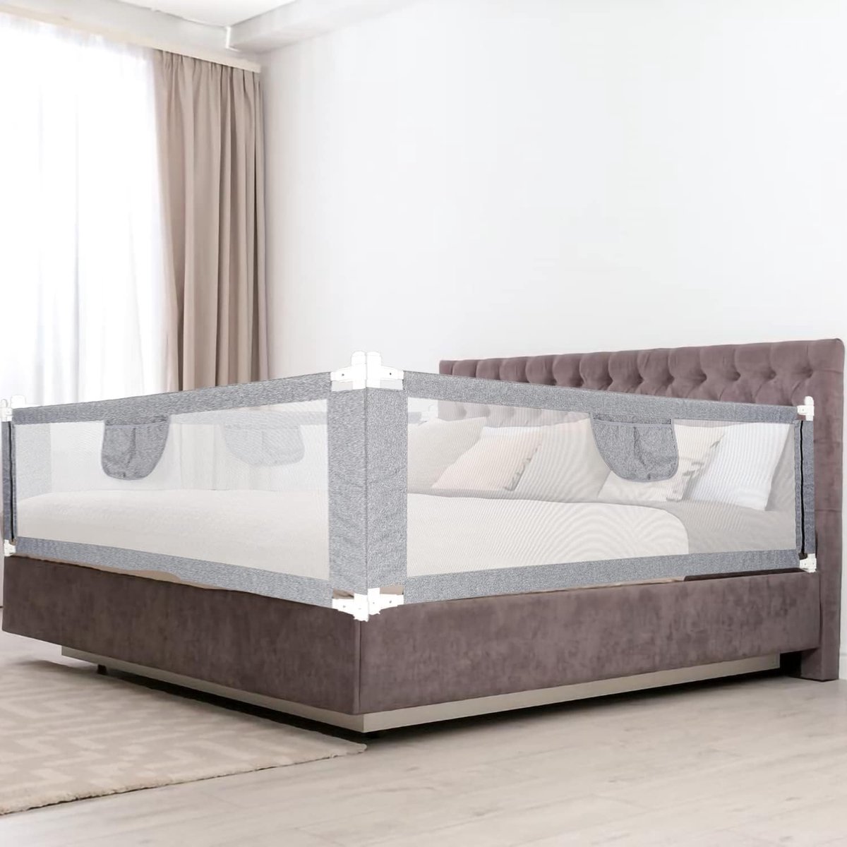 Bedhek 200 x 80 cm, valbeveiliging bed voor kinderen, stabiele constructie, kinderbedhek met luchtig net, babybedhek voor peuters, eenvoudige montage, grijs