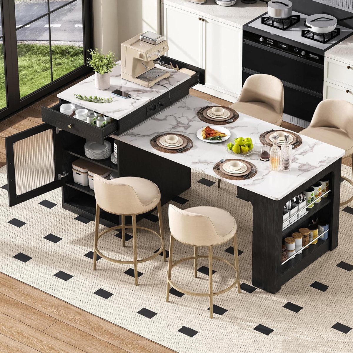Uittrekbaar keukeneiland met uittrekbare eettafel, bartafel met opbergruimte en stekkerdoos, multifunctionele eettafel of bartafel, als dressoir voor keuken en eetkamer, zwart/wit
