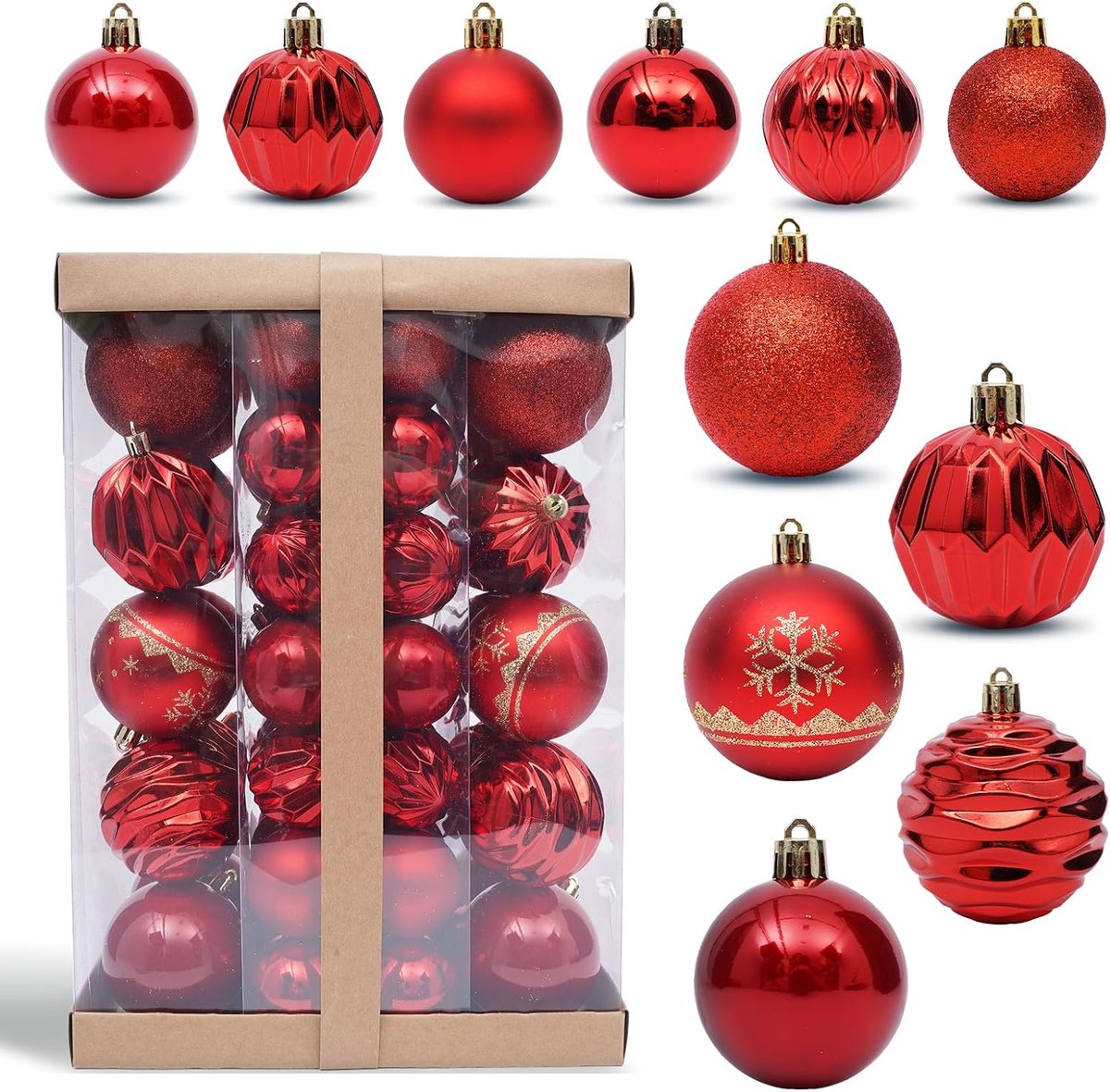 Kerstballen, rode glinsterende kerstballen, kerstboomversiering, kerstdecoratie voor bruiloft, feest, kunststof, verjaardag, Ø 5 cm en 7 cm, 62 stuks