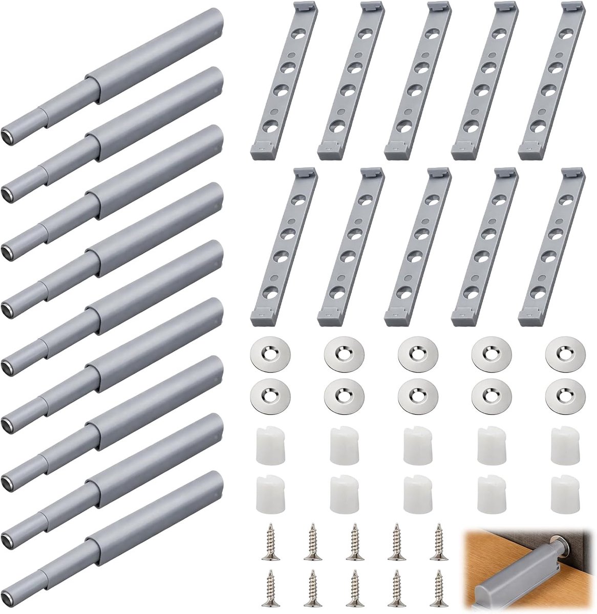 10 stuks push-to-open deurvangsten, slanke grijze push-to-open vergrendeling met softclose dempers voor handloze kastdeuren, kledingkasten, laden, opbouwmontage met slagplaten en bevestigingen