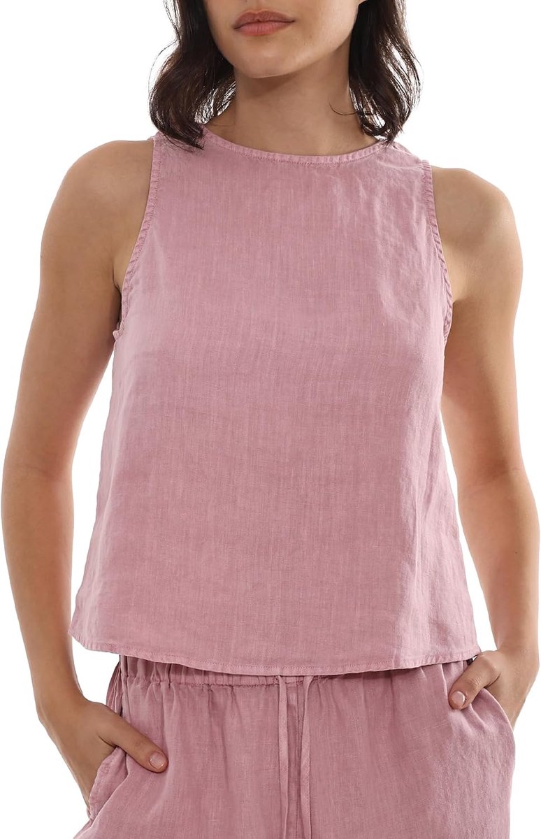 Linnen tanktop voor dames, zomer cami bovenstuk ronde hals top mouwloos, basic linnen blouse losse vrije tijd vrouwen shirt vesten