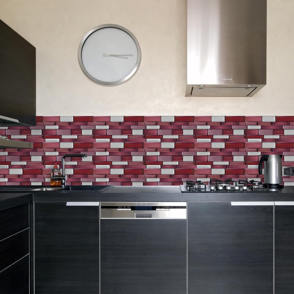Tegelsticker, 12 stuks x 24,6 cm x 12 cm rood mozaïekeffect, zelfklevende zelfklevende stickers voor overdracht van tegels voor badkamer, keuken, spatwand, afpellen en opplakken, vinyl