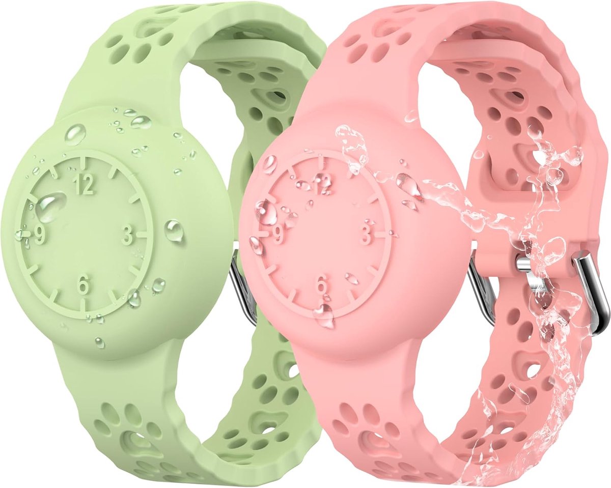 Armband van kinderen voor Apple Airtag, Set van 2, Waterdichte Silicone Armband met GPS Tracking voor kinderen, Anti-Lost voor Airtag houder kinderen, Roze/Groen
