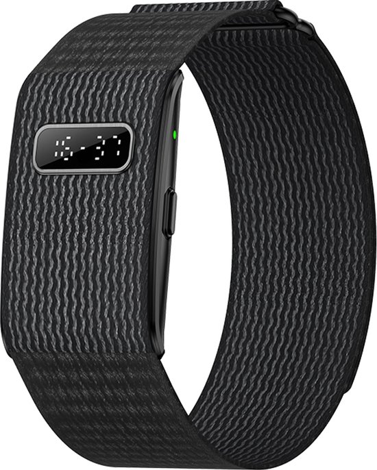 Zwarte smartwatch met geweven band, weergegeven als een cirkel.