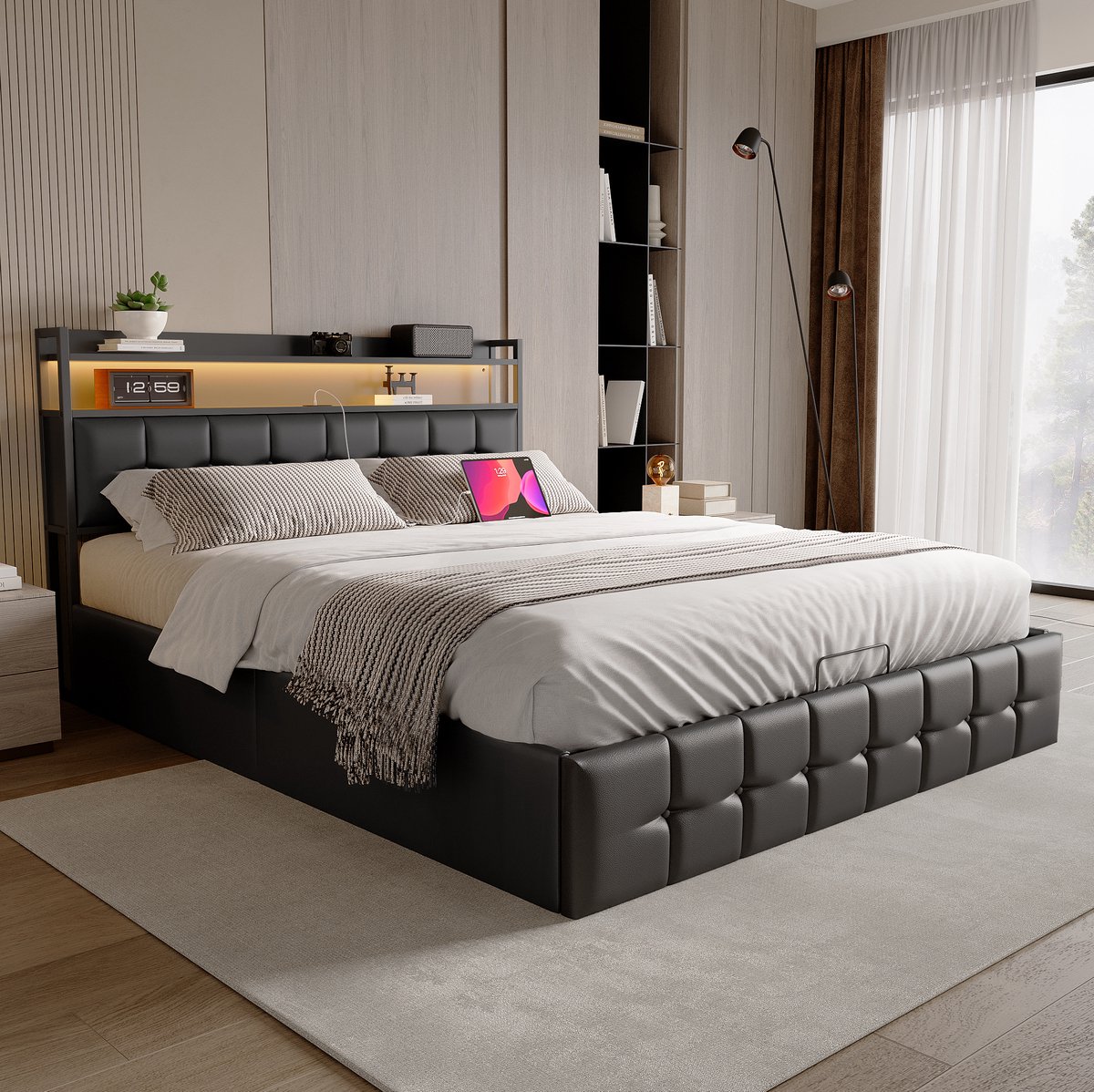 REDOM Tweepersoonsbed - Hoofdbord met opbergplanken en LED lichtstrip met stopcontact - Lattenbodem - Moderne minimalistische stijl - Kunstleer - Zwart - 224 x 164 x 105 cm