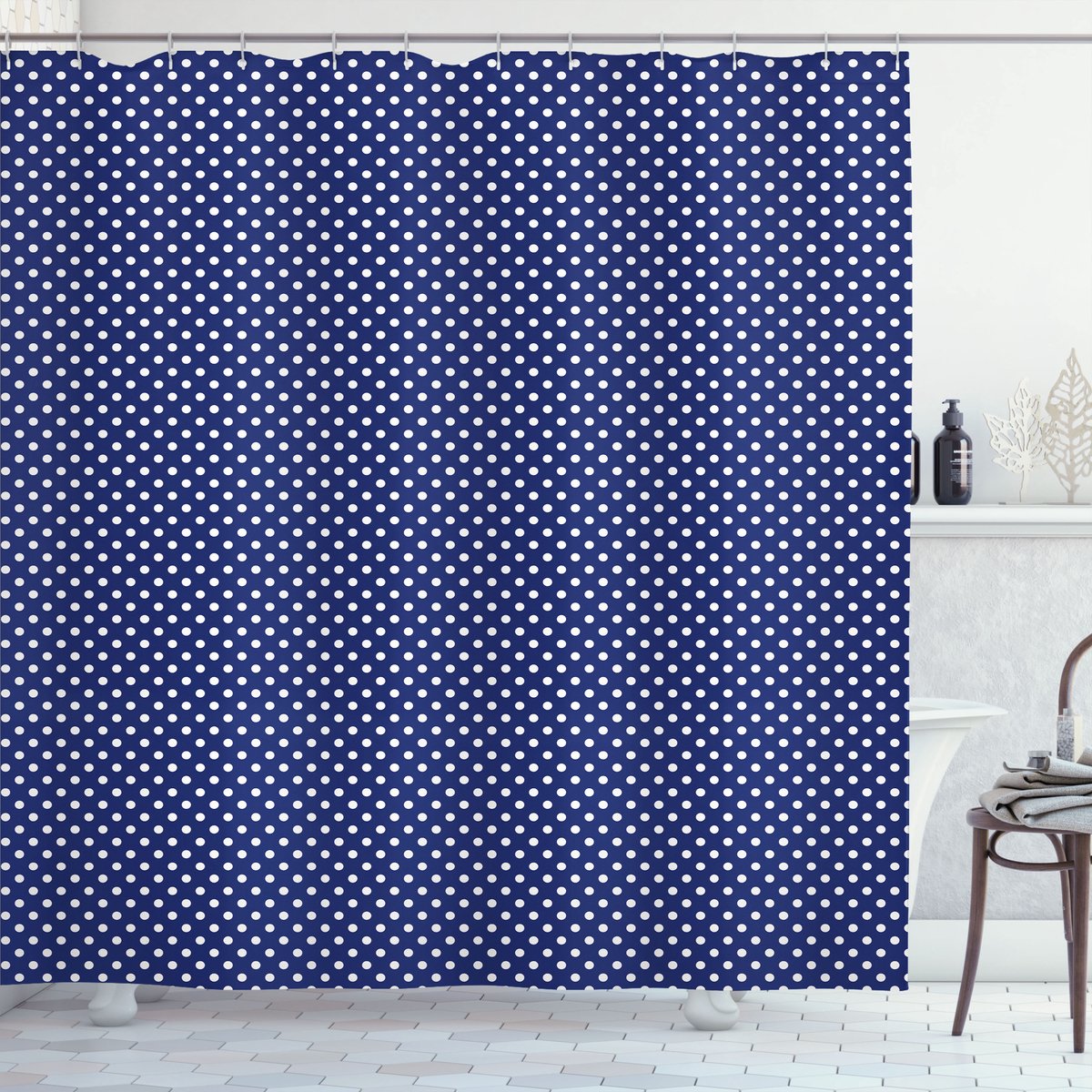 ABAKUHAUS Marineblauw blauw Douchegordijn, Nautisch Stippen, Stoffen Badkamerdecoratieset met Haken, 175 x 180 cm, Marineblauw Wit