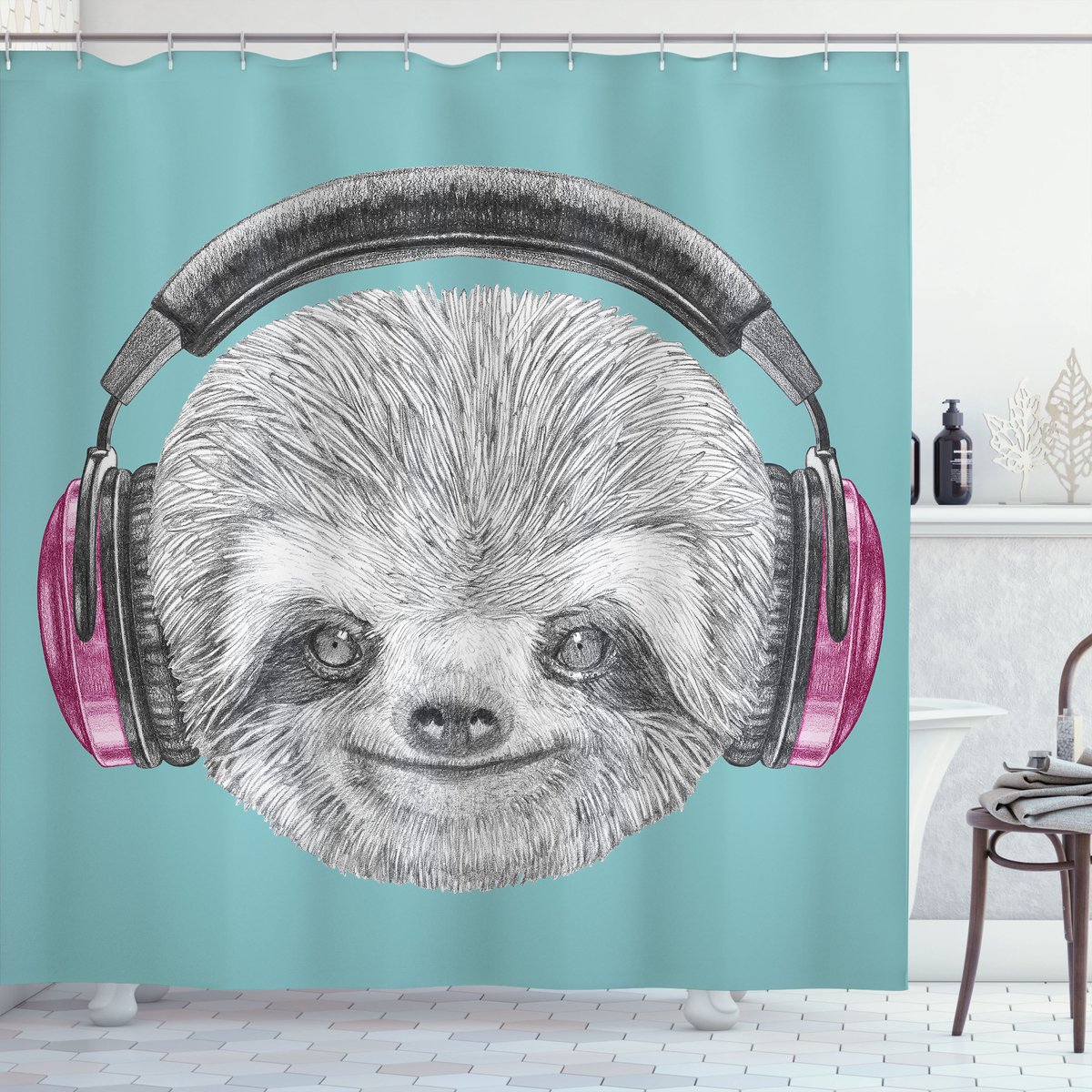 ABAKUHAUS Luiaard Douchegordijn, DJ Sloth Kopfhörer, Stoffen Badkamerdecoratieset met Haken, 175 x 180 cm, Blauwgroen Grijs Fuchsia