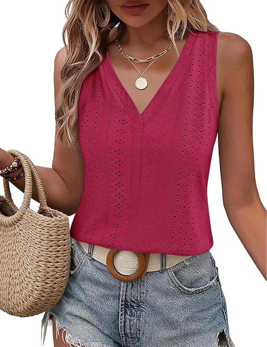 tops dames zomer tops elegante V-hals tank top oogje borduurwerk mouwloze tops dames basic hemdje vest om uit te gaan casual losse pasvorm shirts