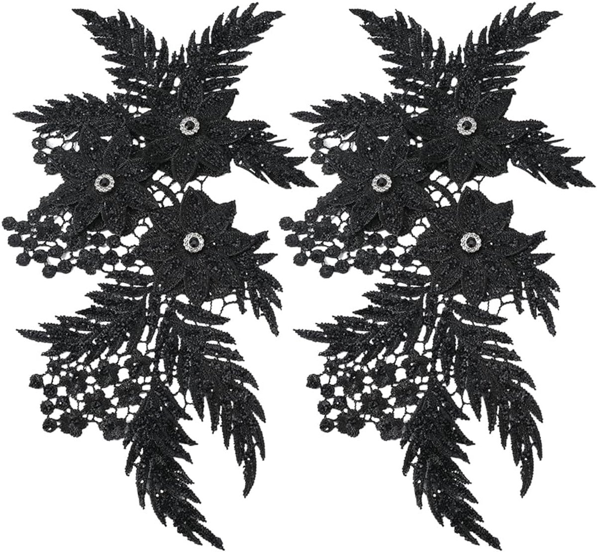 2Pcs Black Flower Rhinestone Applique 3D Vintage Beaded Lace Appliques Polyester Sequin Floral Crystal Embroidery Sew on Patches for Sewing Making Dresses Clothes Bag Decoration Supply