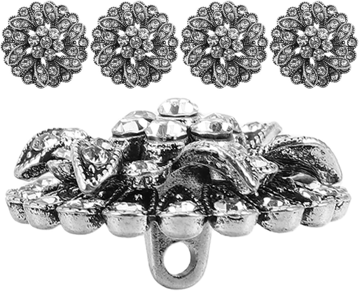 5 Stuks Vintage Metalen Bloemknopen met Rhinestones Antieke Sierknopen voor Bruidsjurk Jas DIY Accessoires Geschikt Millinery Vervangknoppen