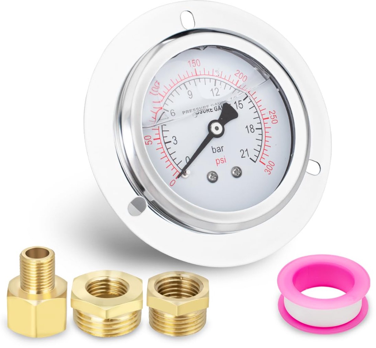 1 Pcs 60mm Flens Panel Mount Manometer BSP 1/4" 0-21 Bar 0~300 Psi met 2 Stukken Bush tot 3/8", tot 1/2" en 1-Piece Hex Tepel die tot 1/8" reduceert