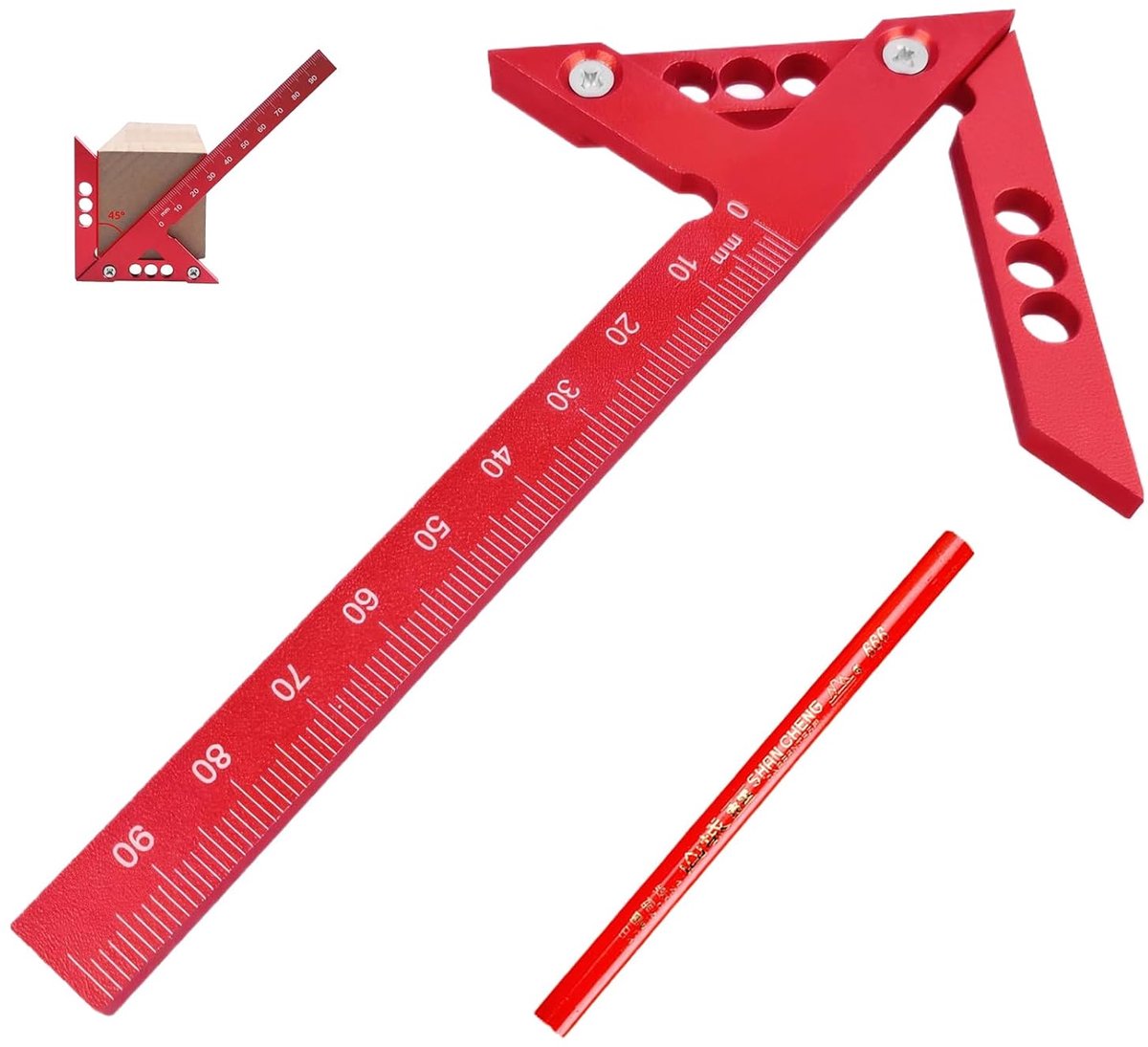 Middenvinder Speedmarker 10 cm voor meet- en markeringsgereedschappen voor houtbewerking met 1 timmermanspotlood (rood)