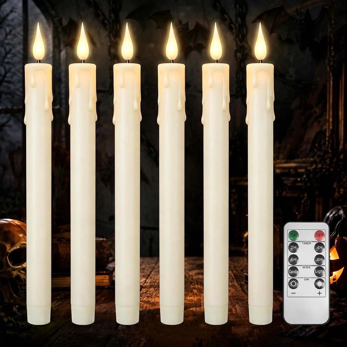 6 stuks led-staafkaarsen voor Halloween, decoratieve staafkaarsen met afstandsbediening, op batterijen werkende ledkaarsen met timer en dimfunctie, roetvrij, voor Halloween, Kerstmis, feest en thuis
