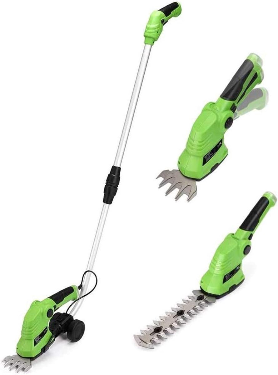 Elektrische struikschaar met accu met uittrekbare telescoopgreep, grastrimmer, heggenschaar, 2 verwisselbare messen, 9 cm, 17 cm, van staal