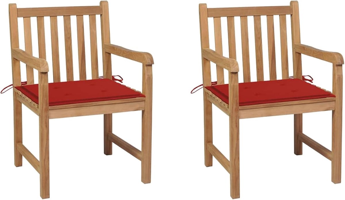 Set van 2 eetkamerstoelen voor de tuin met kussens van massief hout, eetkamerstoelen met armleuningen en rugleuning, balkonstoel, zitkussen rood
