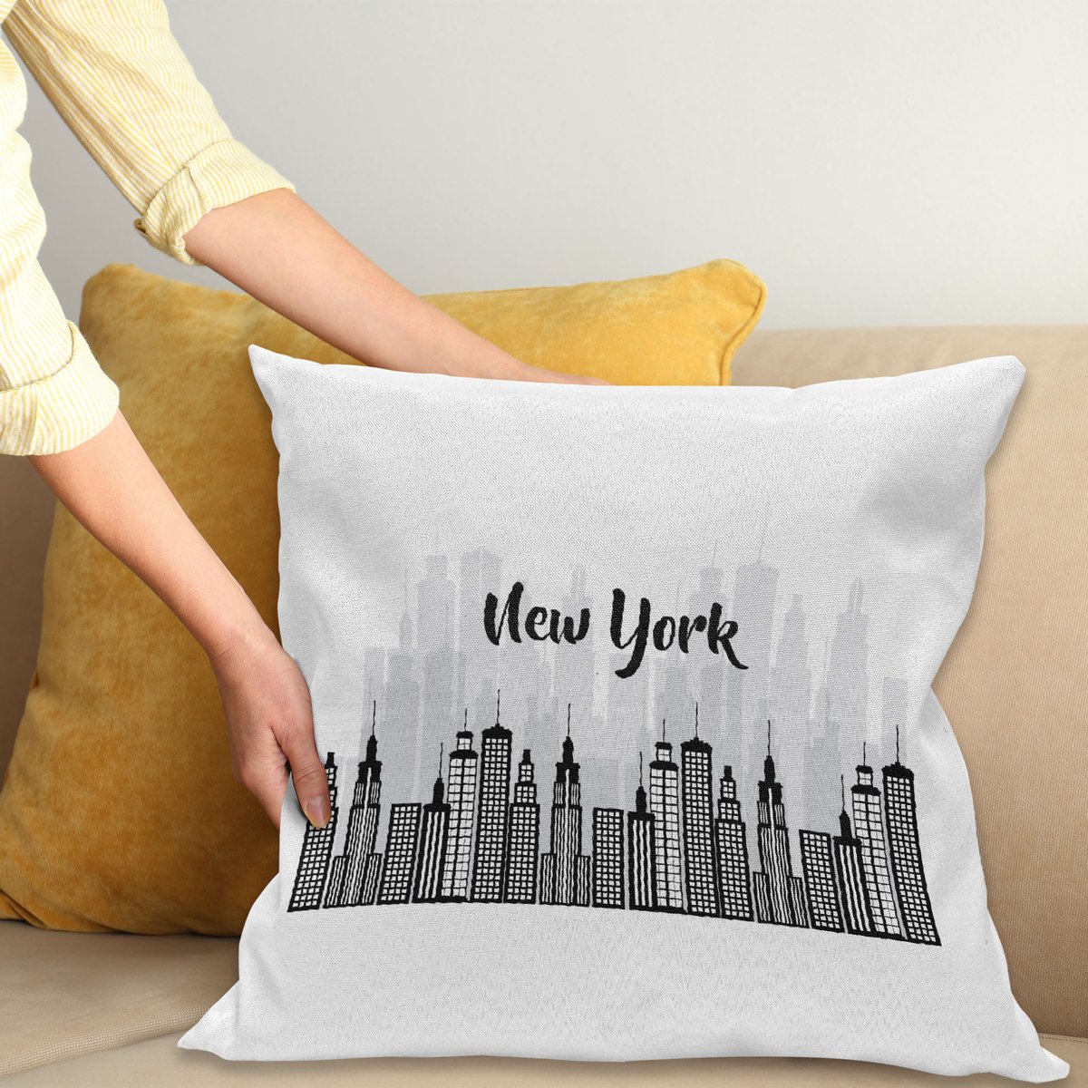 ABAKUHAUS Nyc Szene Kussenhoes, Monochroom en Modern, Kussenhoezen met Dubbelzijdige Print Kleurecht Wasbaar en Ritssluiting, 40 x 40 cm, Houtskool Grijs Wit