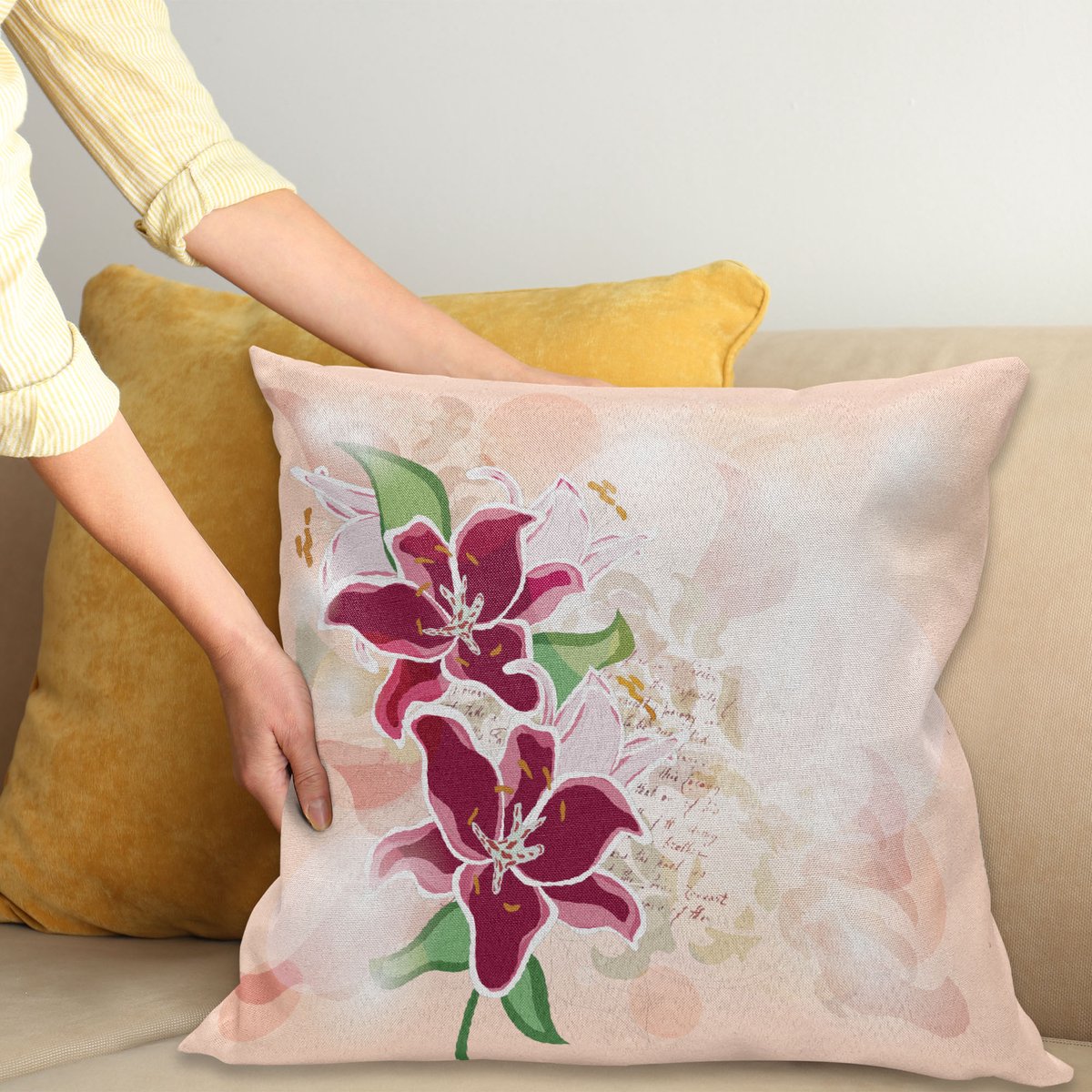 ABAKUHAUS Fuchsie Kussenhoes, Botanisch Pastellton Lilien, Met Ritssluiting, Wasbaar, Dubbelzijdige Digitale Print, Heldere Kleuren, Hoogwaardige Stof, 40 x 40 cm, Perzik Kastanienbraun Groen