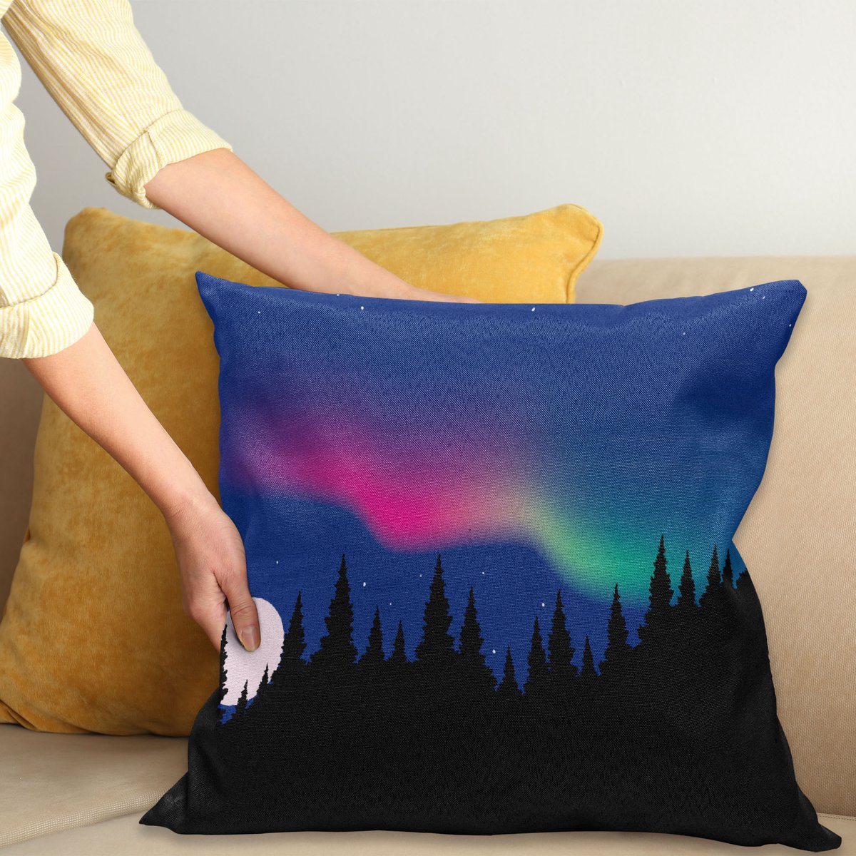 ABAKUHAUS Aurora Forrest Kussenhoes, Borealis Bos, Wasbare Sierkussenhoes voor Binnen/Buiten, Dubbelzijdige Print met Ritssluiting, 50 x 50 cm, Royal Blauw Meerkleurig