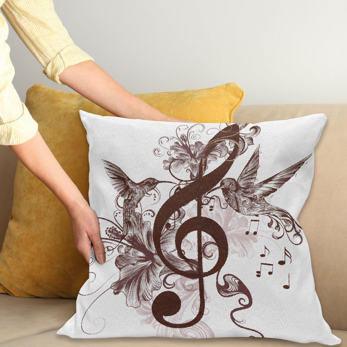 ABAKUHAUS Muziek Kussenhoes, Blumenmuster met Vögeln, Wasbare Kussenhoes met Ritssluiting, Kleurechte Heldere Kleuren en Dubbelzijdige Print, 60 x 60 cm, Kastanienbraun Wit