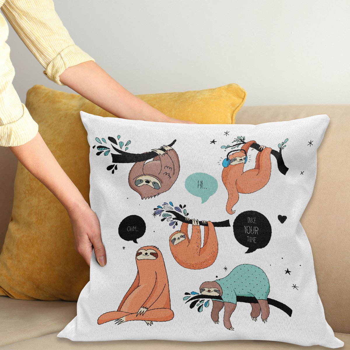 ABAKUHAUS Dier Kussenhoes, Lächeln Sloth Cartoon, Water- en Vuilafstotende Stof met Digitale Print voor Binnen en Buiten, 50 x 50 cm, Meerkleurig