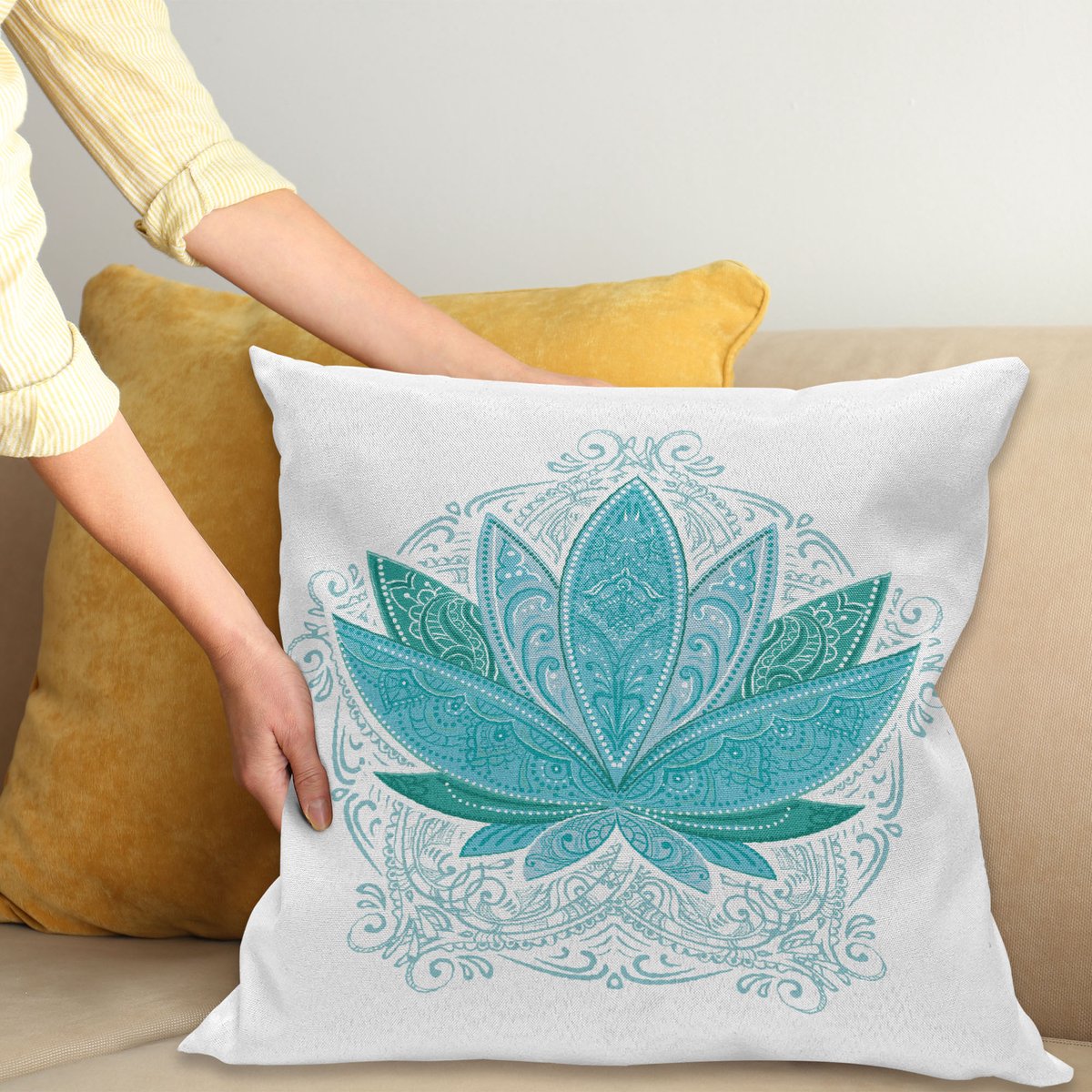 ABAKUHAUS Blad Kussenhoes, Mehndi Lotus, Kussenhoezen met Dubbelzijdige Print Kleurecht Wasbaar en Ritssluiting, 50 x 50 cm, Teal Lucht Blauw