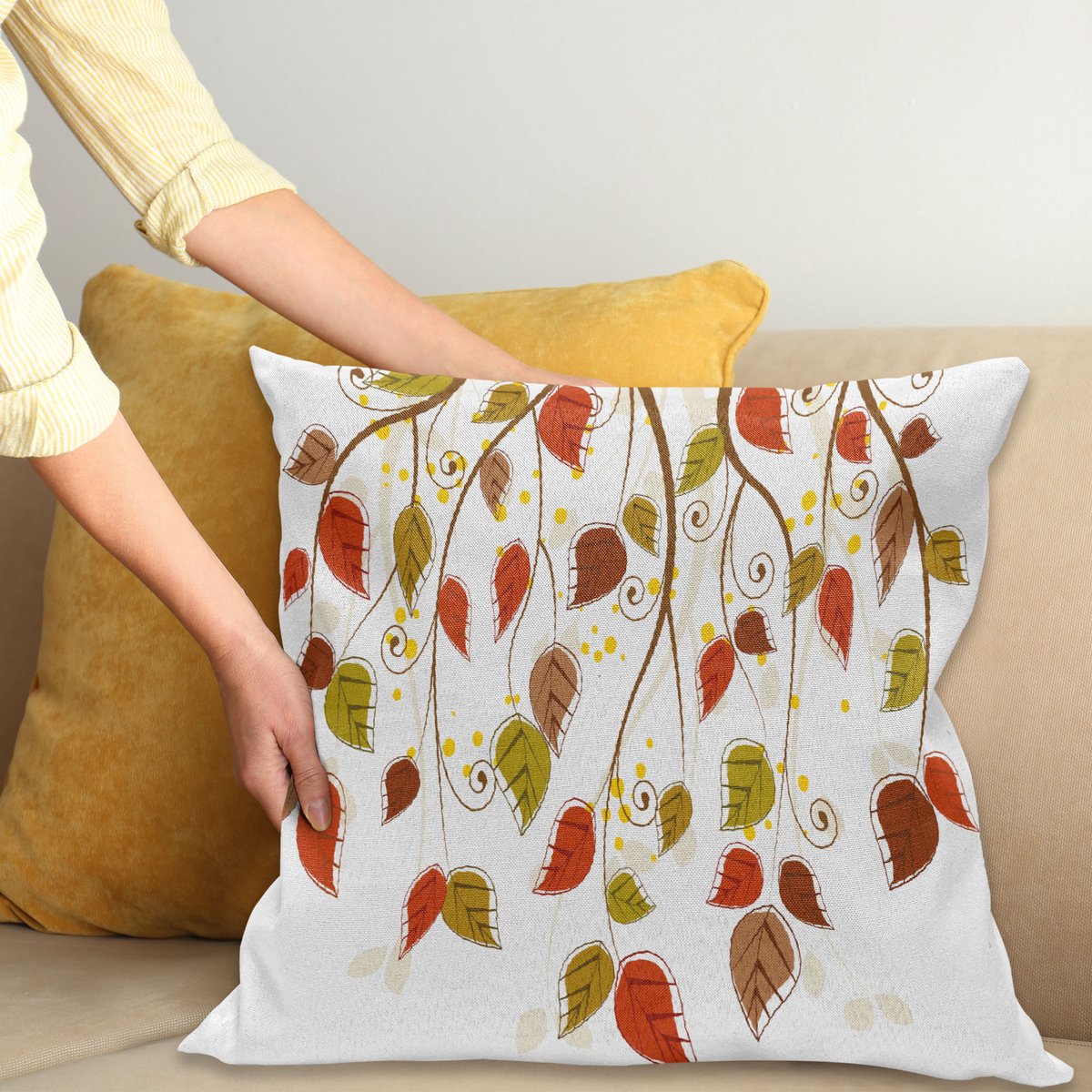 ABAKUHAUS Herfst Kussenhoes, Branchen-Bladeren-Herfst, Water- en Vuilafstotend, Wasbaar, Dubbelzijdige Print met Ritssluiting, 50 x 50 cm, Gebrand Sienna Bruin Groen