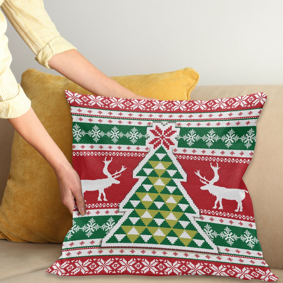 ABAKUHAUS Kerstmis Kussenhoes, Skandinavische Hirsch Bomen, 40 x 40 cm, Kussenhoes met verstäckten Ritssluiting Wasbaar Kleurecht Dubbelzijdige Print, Wit Rood Groen