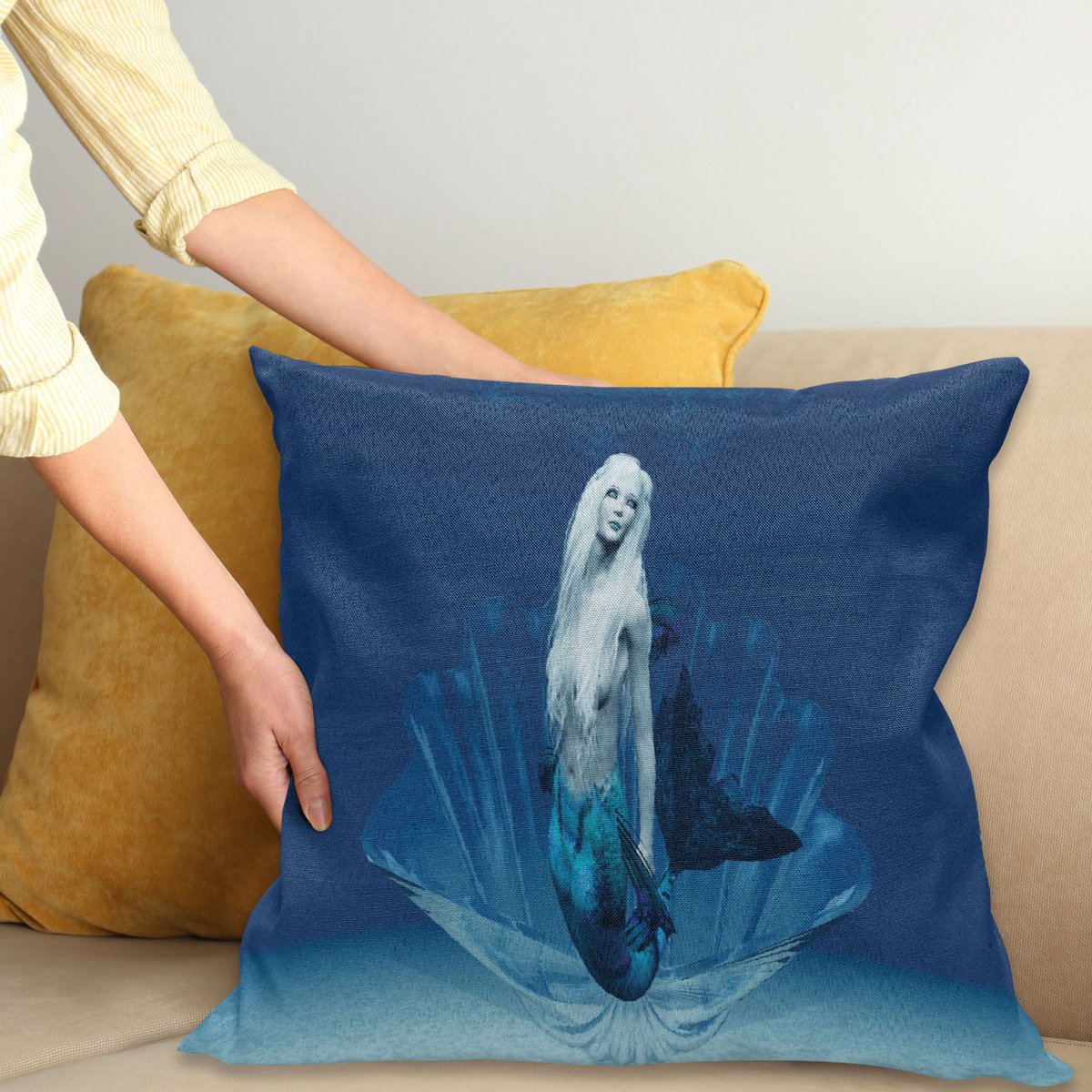 ABAKUHAUS Donkerblauw Kussenhoes, Fairy Tail Mermaid, Wasbare Kussenhoes met Ritssluiting, Kleurechte Heldere Kleuren en Dubbelzijdige Print, 50 x 50 cm, Blauw en Wit