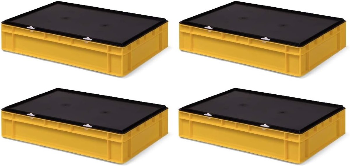 4 stuks TK612-VD, Transportstapelbak geel met zwart afsluitdeksel, 600x400x131/120 mm (LxBxH), volume 22 liter, draagvermogen 40 kg, voedselveilige industriekwaliteit van PP