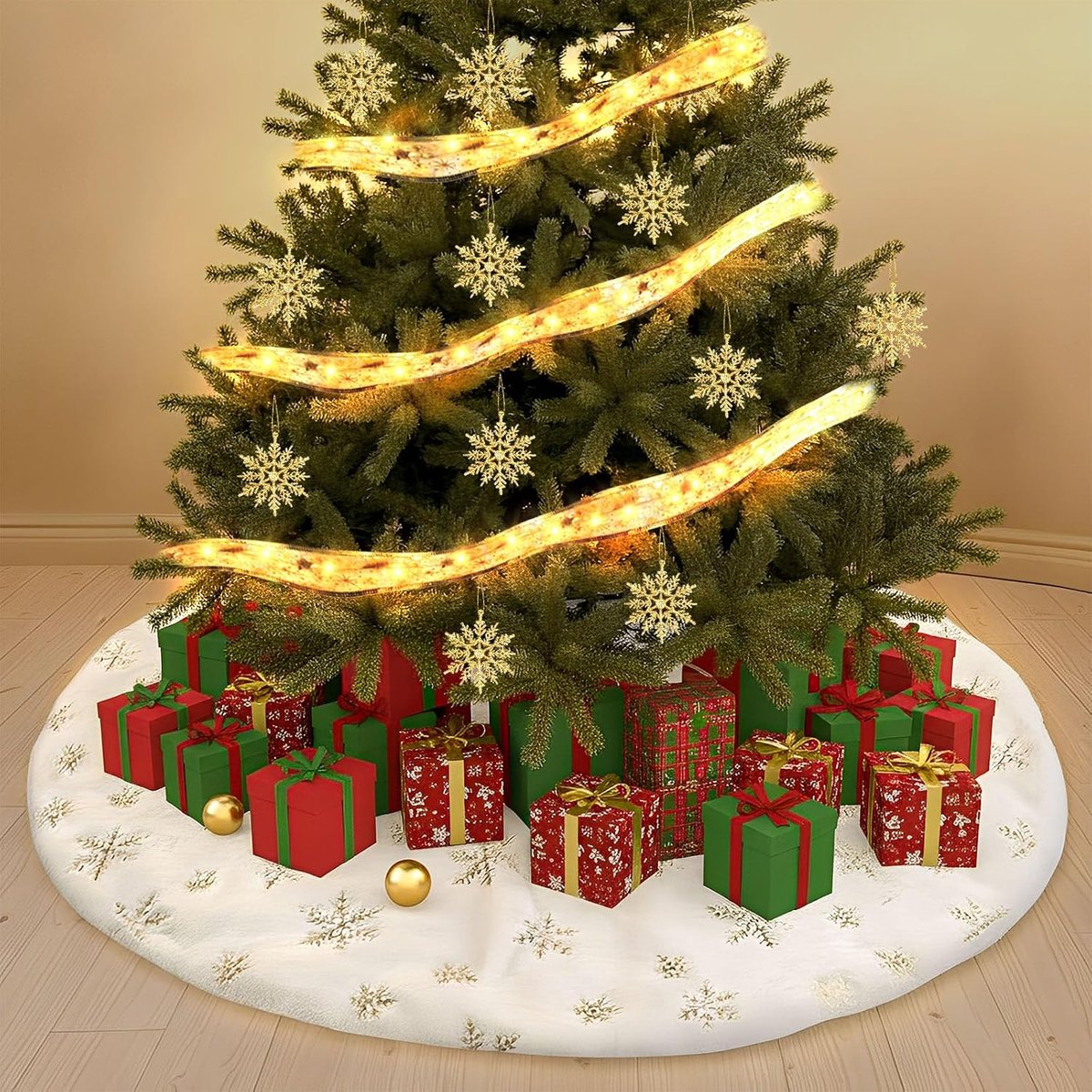 122 cm, rond, kerstboomrok met lichtstrip en sneeuwvlokkenornamenten, kerstboomtapijt voor kerstdecoratie, feestdecoratie
