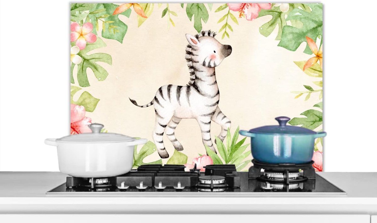 Spatscherm Keuken - 80x55 cm - Zebra - Jungle - Aquarelverf