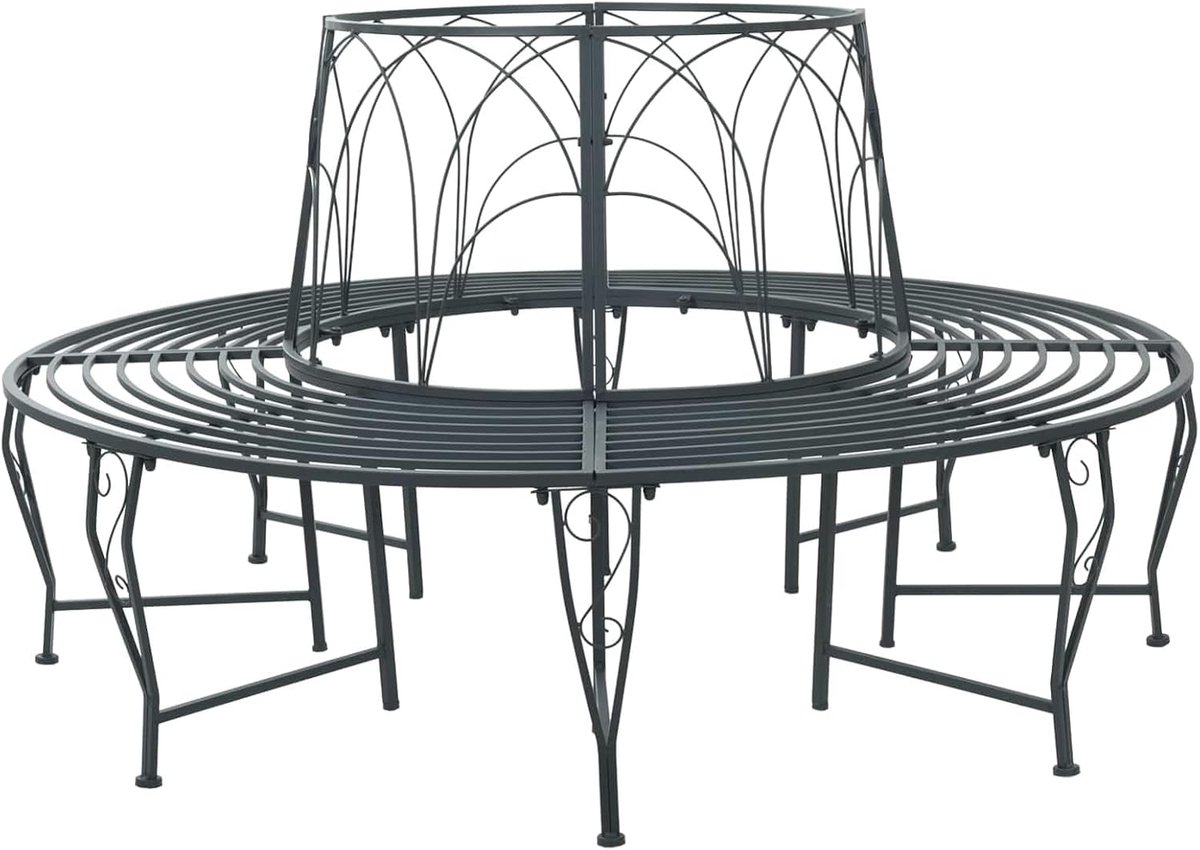 Ronde boombank, staal, zilvergrijs, mat, 8 zitplaatsen, Ø 160 x 89 cm, rugleuning, golfdesign, weerbestendig, stabiel, voor tuin, binnenplaats, terras, outdoor, ontspanning