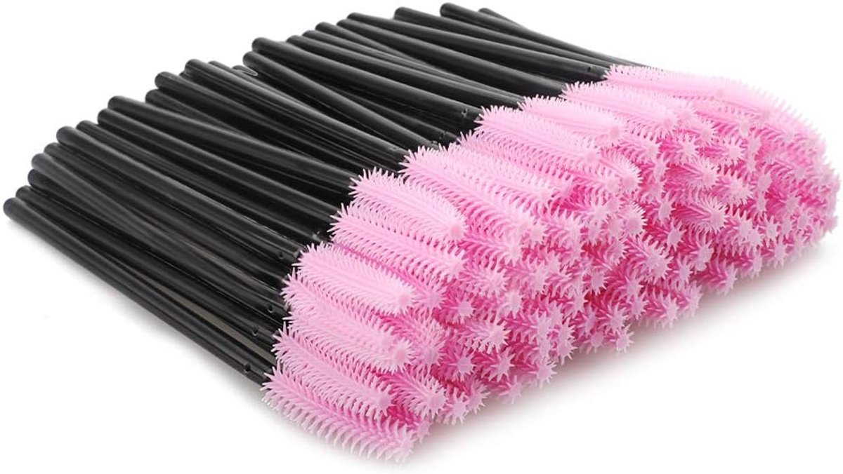 100 stuks wegwerp-wimperborstels, wimperborstel, mascara-applicator, siliconen borstels voor wimperverlenging (zwart + roze)