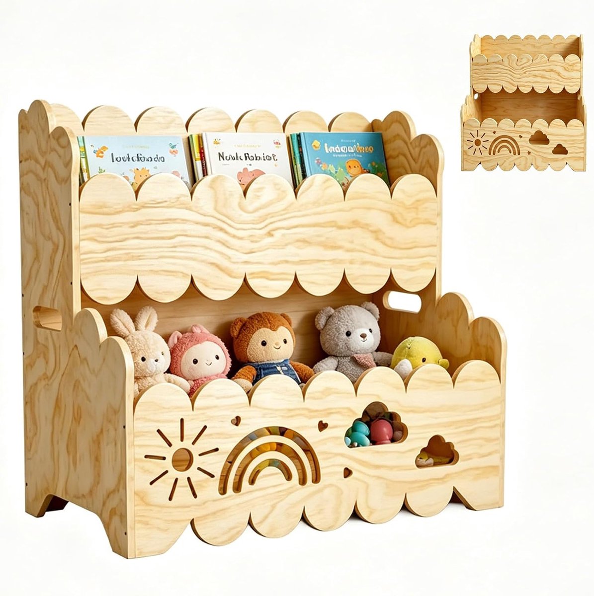 Boekenkast voor kinderen, hout, 2 verdiepingen, boekenkast voor kinderen, voor kinderkamer, kleuterschool en klaslokaal, kinderboekenrekken en speelgoedopslag