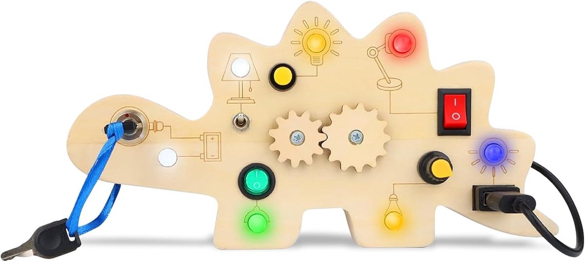Busy Board, Dinosaurus Houten Busy Board, Montessori Speelgoed Zintuiglijk Educatief Leren Speelgoed met 7 LED Lichtschakelaar Voor Jongens & Meisjes