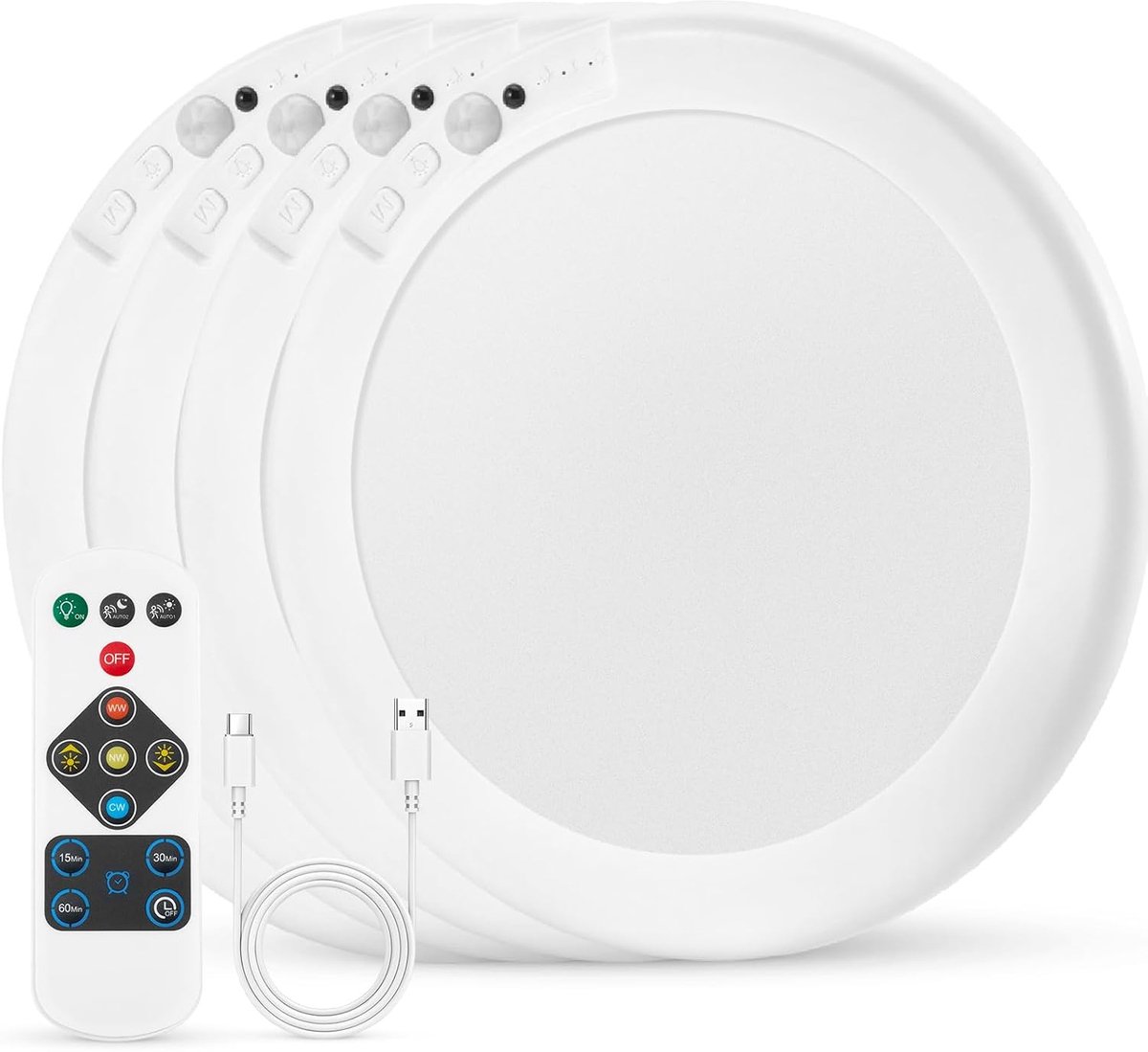 LED accu plafondlamp badkamer met bewegingsmelder, oplaadbare batterijlamp kelder zonder stroomaansluiting, kabelloze plafondlampen met afstandsbediening voor garage hal, rond 4 stuks