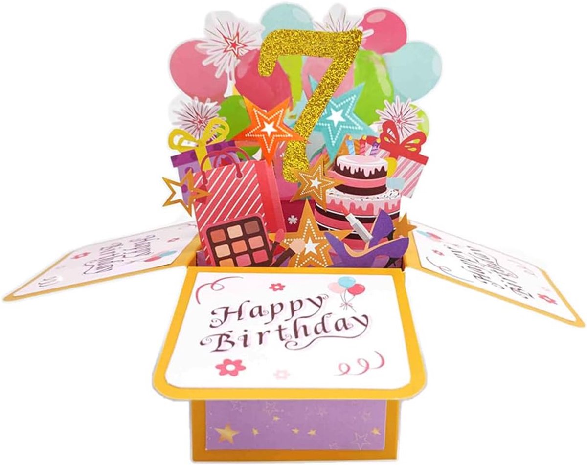 kaart « Happy 7th Birthday » voor meisjes, idee voor een 7-jarig verjaardagscadeau, cadeau-idee voor nichtje, leuke 3D wenskaart voor haar