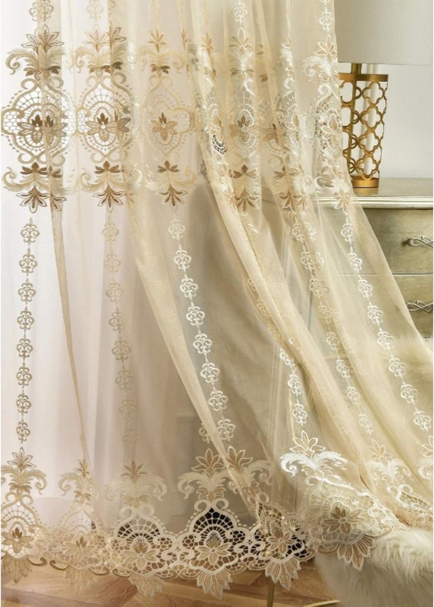 Retro Gordijn, Zeilen Bloemen Geborduurde Zeilgordijnen, Vintage Tule Sheer Gordijnen Panelen Voor Villa Woonkamer, Haken Top-Beige 200x270cm (79x106inch)
