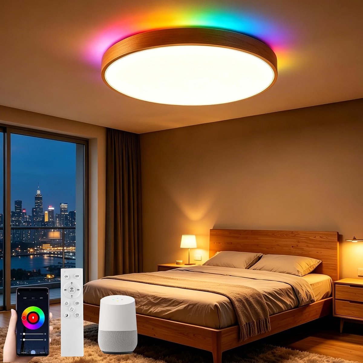 Led-plafondlamp met afstandsbediening, natuurlijk beukenmateriaal, compatibel met Alexa Google Home, instelbaar kleurveranderend licht voor woonkamer, slaapkamer