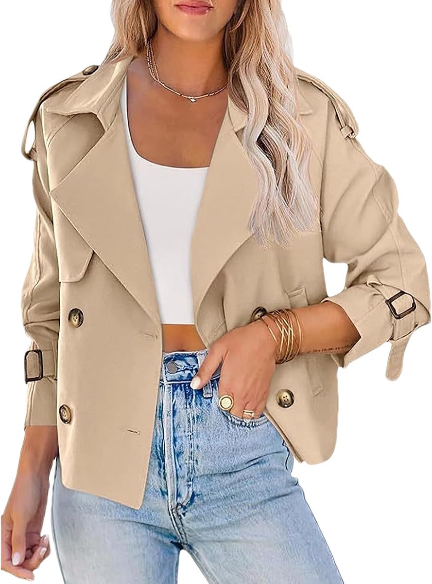 Gabardine voor dames, lange mouwen, casual, los, dubbele rij, korte jas, met zakken