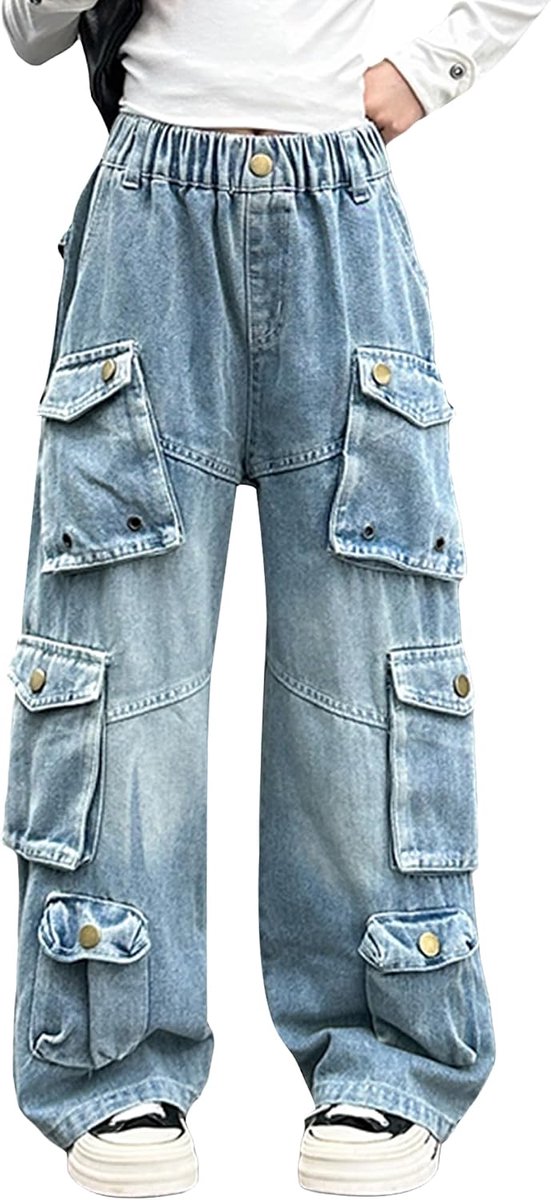 Jeans met wijde pijpen voor meisjes, denim broek recht, cargo-vrijetijdsbroek met elastische tailleband en zakken, maat 120-170