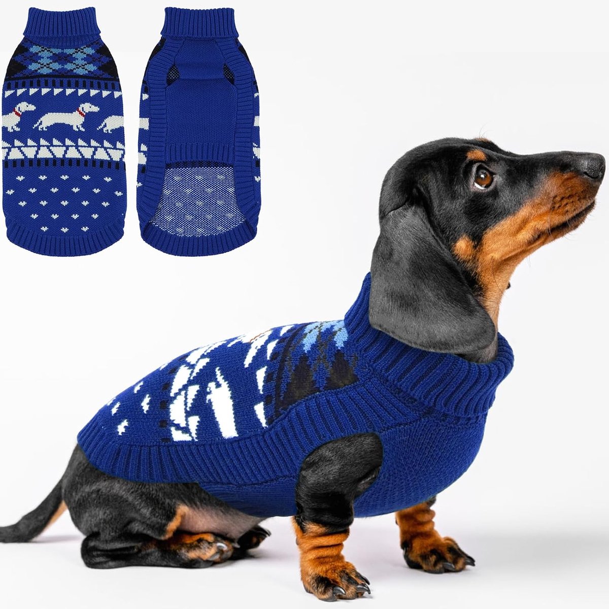 Hondentrui voor teckel, gebreide trui met teckelpatroon, warme hondentrui, rolkraag, wintertrui voor kleine honden, blauw, XS